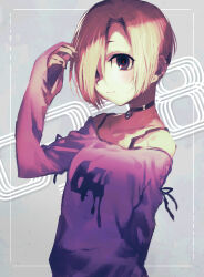 Rule 34 | 1girl, arm behind back, black eyes, choker, closed mouth, collarbone, grey background, hair over one eye, highres, idolmaster, idolmaster cinderella girls, kitaya, long sleeves, looking at viewer, pier, purple shirt, shirasaka koume, shirt, short hair, sleeves past wrists, solo, upper body