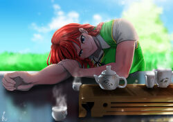 1girl backlighting bad_perspective blue_eyes blurry blurry_background braid closed_mouth commentary_request cup day eyelashes fingernails half-closed_eye hand_on_own_arm head_rest hong_meiling koyubi_(littlefinger1988) leaning_to_the_side long_hair outdoors outstretched_arm red_hair saucer scar scar_on_arm shirt short_sleeves side_braid smile solo steam table tea_set teacup teapot touhou twin_braids upper_body vest