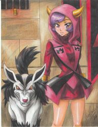 1girl 2018 angry animal_ears artist_name black_fur bracelet breasts colored_sclera courtney_(pokemon) courtney_(pokemon_oras) creatures_(company) fangs game_freak gen_3_pokemon gloves hood hoodie horned_hood horns indoors jewelry knees looking_at_viewer medium_breasts mightyena nintendo pokemon pokemon_(creature) pokemon_oras purple_eyes purple_hair ravernclouk_design red_eyes red_gloves red_hoodie ribbed_sweater sharp_teeth snout sweater tail team_magma_uniform teeth traditional_media yellow_horns yellow_sclera