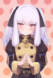 1girl absurdres alternate_hairstyle black_ribbon blush buttons closed_mouth dokon fire_emblem fire_emblem:_three_houses garreg_mach_monastery_uniform hair_between_eyes hair_ribbon highres juliet_sleeves long_hair long_sleeves lysithea_von_ordelia nintendo own_hands_together pink_eyes puffy_sleeves ribbon solo sweatdrop twintails white_hair