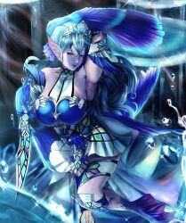 1girl absurdres arm_up armpits bare_shoulders blue_dress blue_eyes breasts covered_navel detached_sleeves dress duel_monster fins grey_hair head_fins highres jyx3 kitkallos_(yu-gi-oh!) large_breasts long_hair looking_at_viewer mermaid monster_girl open_mouth pointy_ears solo tearlaments_kitkallos tiara water yu-gi-oh!