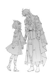 1boy 1girl ahoge boots coat cyrene_(honkai:_star_rail) dress gloves greyscale hair_ornament highres honkai:_star_rail honkai_(series) kk_(kkgame7733) looking_at_another monochrome phainon_(honkai:_star_rail) sandals short_hair size_difference