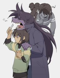 1girl 2others black_shirt brown_hair chalk closed_eyes collared_shirt colored_skin commentary_request deltarune english_text floating furry furry_female green_sweater grey_jacket grey_sweater holding holding_chalk jacket korean_commentary kris_(deltarune) long_hair multiple_others open_mouth purple_skin red_eyes sanbel780308 sharp_teeth shirt short_hair striped_clothes striped_sweater susie_(deltarune) sweater teeth vessel_(deltarune) yellow_skin