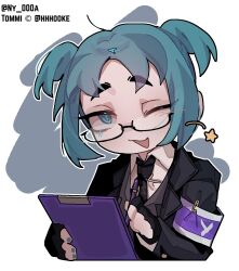 1other black_coat black_gloves black_necktie black_vest blue_eyes blue_hair clipboard coat collared_shirt employee_(project_moon) fingerless_gloves gloves highres holding holding_clipboard lapels lobotomy_corporation long_sleeves looking_at_viewer necktie notched_lapels nugget_(project_moon) ny_000a one_eye_closed open_mouth project_moon shirt short_twintails simple_background smile solo twintails vest white_background white_shirt writing
