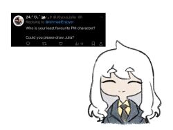 1girl black_necktie blue_jacket chibi closed_eyes closed_mouth collared_shirt jacket julia_(project_moon) library_of_ruina long_hair necktie project_moon request_inset shirt simple_background smile solo white_background white_hair yellow_shirt yongsa_(ishmaelenjoyer)