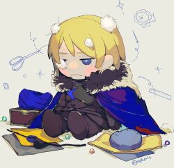 Rule 34 | 1boy, armor, black armor, black footwear, black fur, blonde hair, blue cape, blue eyes, breastplate, cape, character doll, closed mouth, dimitri alexandre blaiddyd, dimitri alexandre blaiddyd (timeskip), doll, eye injury, eyepatch, fire emblem, fire emblem: three houses, frown, fur-trimmed cape, fur trim, hair behind ear, highres, jitome, male focus, needle, nintendo, no eyepatch, olopheris, scissors, sewing kit, sewing needle, sewing pin, sitting, stuffing, twitter username, unworn eyepatch, white fur