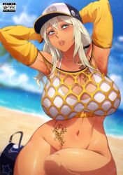 armpits arms_behind_head arms_up artist_logo artist_name baseball_cap beach blonde_hair blurry blurry_background bottomless breasts breasts_apart collarbone detached_sleeves flower_tattoo green_eyes groin hat highres huge_breasts lens_flare lips logo looking_at_viewer navel ohdax outdoors palm_tree parted_lips rinalia_kuo shore smile sparkle sports_bra stomach_tattoo super_robot_wars super_robot_wars_dd tattoo teeth thighs tree white_sports_bra