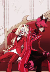 1boy 1girl alastor_(hazbin_hotel) black_hair blonde_hair charlie_morningstar colored_sclera colored_skin commentary_request couch crossed_legs formal_clothes hazbin_hotel indoors leaning_on_person long_hair messy on_couch red_eyes red_hair red_sclera sagara_shino saliva short_hair sleeping suit white_skin