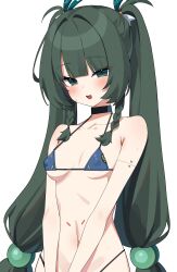 1girl absurdres bikini black_choker blue_bikini blush braid choker collarbone covered_erect_nipples green_eyes green_hair hair_bobbles hair_ornament highres long_hair looking_at_viewer micro_bikini navel open_mouth qingyi_(zenless_zone_zero) simple_background smile solo swimsuit teeth twin_braids upper_teeth_only w.k white_background zenless_zone_zero