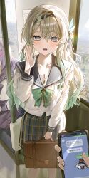 1other 2girls absurdres bag black_bow black_hairband blush bow bowtie brown_bag buttons castorice_(honkai:_star_rail) cellphone collarbone commentary double-breasted firefly_(honkai:_star_rail) firefly_(spring_missive)_(honkai:_star_rail) gradient_hair green_bow green_bowtie green_hair green_pupils grey_hair grey_sailor_collar grey_skirt hair_bow hair_intakes hairband hand_up highres holding holding_bag holding_phone honkai:_star_rail honkai_(series) long_hair long_sleeves looking_at_viewer multicolored_hair multiple_girls official_alternate_costume open_mouth phone pibag plaid_clothes plaid_skirt pov pov_hands purple_eyes sailor_collar school_bag shirt skirt smartphone smile solo_focus train_interior white_shirt