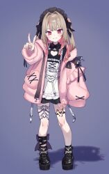 1girl absurdres ankle_lace-up ankle_ribbon ankle_socks ankle_strap apron asymmetrical_legwear belt black_dress black_headdress black_ribbon black_shoes blunt_bangs blush chain chest_harness chiyomaru_(yumichiyo0606) cleavage_cutout closed_mouth clothing_cutout collared_dress colored_inner_hair corset cross-laced_clothes cross-laced_corset dress drill_hair fangs fishnet_socks fishnets flat_chest frilled_jacket frilled_shirt_collar frills full_body grey_background grey_hair hair_intakes harness heart heart_cutout heart_o-ring highres hood hood_down hooded_jacket jacket leg_ribbon leg_tattoo long_hair looking_at_viewer loose_belt maid maid_headdress makaino_ririmu makaino_ririmu_(5th_costume) multicolored_hair multiple_belts nijisanji o-ring o-ring_belt o-ring_thigh_strap open_clothes open_jacket pink_hair pink_jacket platform_shoes pocket pointy_ears red_eyes ribbon shoes short_dress sidelocks simple_background sleeves_past_fingers sleeves_past_wrists smile socks solo standing streaked_hair tattoo thigh_strap two_side_up uneven_legwear v v-shaped_eyebrows virtual_youtuber waist_apron white_apron white_belt white_corset winged_heart winged_heart_tattoo