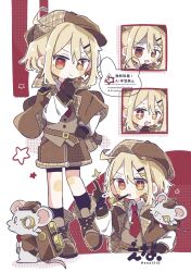 1girl absurdres artist_name bike_shorts black_socks blonde_hair blush_stickers boots brown_boots brown_gloves brown_hat brown_jacket brown_shorts closed_mouth collared_shirt commentary ena_1510 full_body gloves hair_ornament hairclip hat highres jacket looking_at_viewer mouse_(animal) multiple_views necktie newsboy_cap open_clothes open_jacket open_mouth original red_eyes red_necktie shirt short_hair shorts smile smoking_pipe socks standing symbol-only_commentary twitter_username watermark white_background white_shirt wing_collar