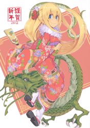 10s 1girl 2012 blonde_hair dragon eastern_dragon female_focus floral_print flower hagoita hair_flower hair_ornament japanese_clothes kimono long_hair new_year original paddle saltydanshark solo