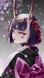 Rule 34 | 1girl, absurdres, blush, breasts, eyeliner, falling petals, fate/grand order, fate (series), feibai, flower, hair between eyes, hair flower, hair ornament, highres, horns, japanese clothes, kimono, looking at viewer, makeup, obi, oni, outdoors, parted lips, petals, pink flower, purple eyes, purple hair, red horns, sash, short eyebrows, short hair, shuten douji (fate), skin-covered horns, small breasts, smile, solo, wide sleeves
