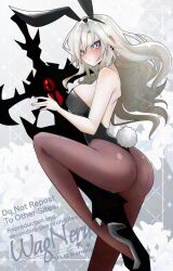 Rule 34 | 1girl, animal ears, ass, balmung kriemhild (fate), bare shoulders, black leotard, blush, breasts, brown pantyhose, fake animal ears, fake tail, fate/grand order, fate (series), greatsword, grey eyes, high heels, highleg, highleg leotard, kriemhild (fate), large breasts, leotard, long hair, looking at viewer, mole, mole under eye, pantyhose, playboy bunny, rabbit ears, rabbit tail, solo, sword, tail, wagu neru, weapon, white hair