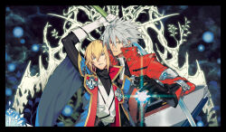 2boys ahoge blazblue blazblue:_central_fiction blonde_hair blue_eyes gloves green_eyes grey_hair heterochromia jacket kisaragi_jin military military_uniform multiple_boys ragna_the_bloodedge sword weapon