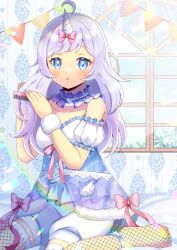 1girl :o ahoge bare_shoulders blue_eyes blush bow breasts comb commentary_request commission copyright_request fishnet_thighhighs fishnets hands_up holding holding_comb horns indoors kou_hiyoyo long_hair looking_at_viewer no_shoes parted_lips pennant pink_bow puffy_short_sleeves puffy_shorts puffy_sleeves purple_hair short_sleeves shorts single_horn skeb_commission small_breasts solo string_of_flags thighhighs virtual_youtuber white_shorts white_sleeves window