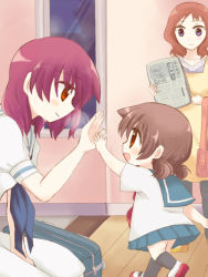 3girls apron blush brown_hair child high_five kawara_yun miyanaga_saki miyanaga_teru multiple_girls newspaper red_hair saki_(manga) school_uniform serafuku short_hair siblings sisters takei_hisa time time_paradox twintails