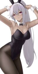 1girl absurdres alternate_costume animal_ear_hairband animal_ears armpits arms_up black_leotard black_pantyhose breasts casperrin cleavage closed_mouth commentary cowboy_shot dark-skinned_female dark_skin english_commentary fake_animal_ears girls&#039;_frontline girls&#039;_frontline_2:_exilium hairband highres leotard light_smile long_hair nemesis_(girls&#039;_frontline_2) pantyhose playboy_bunny ponytail purple_eyes rabbit_ears simple_background solo white_background white_hair white_wrist_cuffs wrist_cuffs