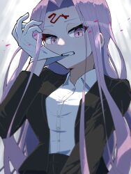 1girl biting biting_glove black_jacket black_pants crossdressing crossdressing_(ftm) erbel fate/stay_night fate_(series) forehead_tattoo gloves highres jacket long_hair long_sleeves looking_at_viewer medusa_(fate) medusa_(rider)_(fate) pants pink_eyes pink_hair shirt solo tuxedo white_background white_gloves white_shirt