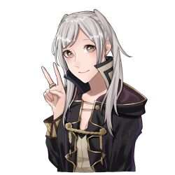 1girl ao_saryaruhu arm_at_side black_coat breasts brown_eyes cleavage clenched_hand coat eyelashes female_focus fingernails fire_emblem fire_emblem_awakening hand_up happy head_tilt highres hood hooded_coat jewelry long_hair long_sleeves looking_at_viewer medium_breasts neck nintendo open_clothes open_coat ring robin_(female)_(fire_emblem) robin_(fire_emblem) shirt sidelocks simple_background sleeveless sleeveless_shirt smile swept_bangs twintails upper_body v white_background white_hair wide_sleeves
