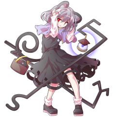1girl alphes_(style) animal_ears arm_up basket bishamonten&#039;s_pagoda black_dress blue_capelet breasts capelet commentary_request dairi dowsing_rod dress full_body grey_hair hands_on_own_head holding holding_with_tail jewelry large_variant_set long_sleeves looking_at_viewer mouse_(animal) mouse_ears mouse_tail nazrin necklace open_mouth parody pendant prehensile_tail red_eyes short_hair small_breasts solo style_parody sweatdrop tachi-e tail touhou transparent_background variant_set