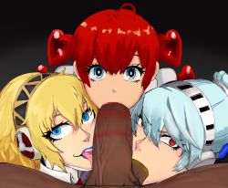 1boy 3girls aigis_(persona) android ball_sucking blonde_hair blue_eyes blue_hair cooperative_fellatio dark-skinned_male dark_skin fellatio highres labrys_(persona) licking lipstick makeup multiple_girls nude oral penis persona persona_3 persona_4:_the_ultimate_in_mayonaka_arena persona_5 persona_5_scramble:_the_phantom_strikers red_eyes red_hair robophilia robot robot_girl sophia_(p5s) tagme teamwork_(sexual) uncensored