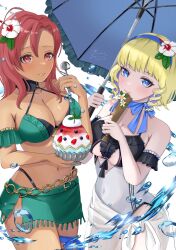 2girls bare_shoulders berry bikini black_choker blonde_hair blush breasts choker closed_mouth constance_von_nuvelle constance_von_nuvelle_(summer) dark-skinned_female dark_skin drill_hair drill_sidelocks fire_emblem fire_emblem:_three_houses fire_emblem_heroes flower folding_fan food green_bikini hair_flower hair_ornament hairband hand_fan hapi_(fire_emblem) hapi_(summer)_(fire_emblem) highres holding holding_fan holding_spoon holding_umbrella ice_cream jewelry large_breasts medium_breasts medium_hair melting_ice_cream mugitoro_(dsfv2277) multicolored_hair multiple_girls navel nintendo official_alternate_costume one-piece_swimsuit parasol purple_hair red_eyes red_hair sarong shaved_ice short_hair sidelocks simple_background smile spoon stomach swimsuit umbrella water white_background white_one-piece_swimsuit white_sarong