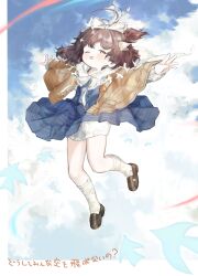 1girl ;d absurdres antenna_hair ascot bloomers blue_dress border bow brown_capelet brown_hair brown_shoes capelet collared_dress commentary_request dress flutterpage full_body green_eyes hair_bow hair_ribbon highres ic_(iccccccccc81) kneehighs loafers looking_at_viewer medium_hair one_eye_closed one_side_up open_mouth orange_ribbon outstretched_arms print_socks reverse:1999 ribbon shoes smile socks solo spread_arms translation_request underwear white_ascot white_bloomers white_border white_bow white_socks