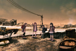 4girls armband backpack bag black_hair black_jacket boots brown_boots brown_hair closed_eyes commentary_request drum_(container) hand_up highres jacket long_sleeves multiple_girls original outdoors post-apocalypse power_lines randoseru revision ruins rustle sitting standing utility_pole
