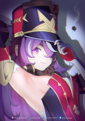 1girl adjusting_clothes adjusting_headwear arm_behind_head arm_up armpits artist_name bare_shoulders breasts bright_pupils bullet_hole chevreuse_(genshin_impact) closed_mouth commentary detached_sleeves dress earmuffs earmuffs_around_neck english_commentary genshin_impact gloves gold_trim hand_on_headwear hat highres long_hair looking_at_viewer medium_breasts mole mole_under_mouth multicolored_hair presenting_armpit puffy_detached_sleeves puffy_sleeves purple_eyes purple_hair red_dress shako_cap sideboob smoke solo songjo streaked_hair twitter_username two-tone_dress two-tone_hair upper_body very_long_hair white_gloves white_hair white_pupils
