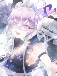 1girl :d akiba_hinagiku armpit_crease armpits bare_shoulders black_choker black_dress choker dress gauntlets goggles grey_eyes hanemina heterochromia long_hair looking_at_viewer maid maid_headdress open_mouth pink_eyes pink_hair sleeveless smile solo tribe_nine upper_body variant_set