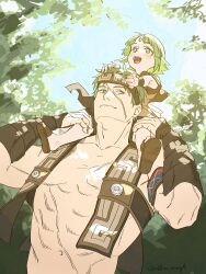 1boy 1girl abs absurdres ahoge arm_wrap blush bob_cut brown_vest carrying_over_shoulder child dappled_sunlight family father_and_daughter forehead_jewel forest green_eyes green_hair happy headband highres looking_up luicelia_superdia muscular muscular_male mushoku_tensei nature open_clothes open_mouth open_vest outdoors ruijerd_superdia scar scar_on_chest scar_on_face scar_on_stomach sky smile standing sunlight tokita_(mag0) upper_body vest