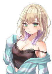 1girl aqua_hoodie aqua_nails bare_shoulders black_camisole blonde_hair breasts camisole cleavage colored_inner_hair green_eyes hair_ornament hairclip highres hood hoodie kurumi_noah kurumi_noah_(6th_costume) lace-trimmed_camisole lace_trim large_breasts long_hair long_sleeves looking_at_viewer loungewear midriff multicolored_hair navel off_shoulder open_clothes open_hoodie parted_lips purple_hair simple_background sleeves_past_wrists solo strap_lift strap_slip striped_clothes striped_hoodie sweat tenkey_toko upper_body virtual_youtuber vspo! white_background