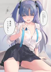 absurdres aramocyaillust black_panties black_skirt blue_archive blue_necktie blush bra_visible_through_clothes hair_ornament highres necktie on_table open_clothes open_mouth open_shirt panties pleated_skirt purple_eyes purple_hair sex_toy shirt skirt table triangle_hair_ornament twintails underwear undone_necktie vibrator vibrator_under_clothes vibrator_under_panties white_shirt yuuka_(blue_archive)