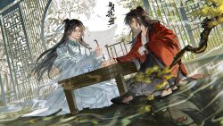 2boys absurdres architecture artist_request bandaged_chest bandaged_hand bandages bird black_boots black_eyes black_hair black_hanfu boots branch calligraphy_brush chinese_clothes chinese_commentary chinese_text closed_mouth coat commission dao_gui_yi_xian different_reflection east_asian_architecture full_body hair_bun hair_ornament hair_ribbon hair_stick half_updo hanfu highres holding holding_another&#039;s_wrist holding_calligraphy_brush holding_paintbrush indoors lantern lattice leaf li_huowang long_hair long_sleeves looking_at_another male_focus multiple_boys open_clothes open_robe paintbrush paintbrush_hair_ornament profile red_coat red_eyes red_ribbon reflection reflective_floor ribbon robe second-party_source seiza single_hair_bun sitting smile smoke table tree white_hanfu white_ribbon wide_sleeves wind yaoi zhuge_yuan
