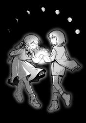 Rule 34 | 2girls, ankle socks, arcgi4, arm behind back, backlighting, bang dream!, bang dream! it&#039;s mygo!!!!!, belt, black background, chinese commentary, closed eyes, commentary request, crossed legs, dress, facing another, floating, floating clothes, glowing, glowing hand, greyscale, hair ribbon, highres, holding hands, jacket, kneehighs, leaning forward, long hair, long sleeves, looking at another, medium dress, monochrome, moon, moon phases, multiple girls, open mouth, parted bangs, parted lips, ribbon, short hair, shorts, socks, striped ribbon, takamatsu tomori, togawa sakiko, two side up, watson cross