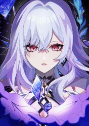 1girl bare_shoulders blue_hair breasts broken cleavage close-up colored_skin crystal_shards diamond-shaped_pupils diamond_(shape) earrings genshin_impact glowing gradient_hair gradient_skin hair_between_eyes hair_intakes hair_ornament highres jewelry lingerie long_hair looking_at_viewer multicolored_eyes multicolored_hair multicolored_skin parted_lips pink_lips reaching reaching_towards_viewer red_eyes rei_(sss35_ss3) shade skirk_(genshin_impact) sky solo space star_(sky) starry_sky symbol-shaped_pupils two-tone_skin underwear upper_body wavy_hair