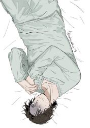 1boy animification artist_name ashuiashui119 blue_eyes breast_pocket brown_hair chinese_commentary closed_mouth commentary_request fingernails long_sleeves looking_at_viewer looking_up lying male_focus marvel marvel_cinematic_universe on_back on_bed pants pocket scared sentry_(marvel) shirt short_hair solo sweat tearing_up thunderbolts_(movie) white_pants white_shirt