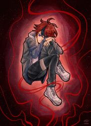 1boy ahoge black_hair black_pants fingernails full_body hair_between_eyes long_sleeves male_focus messy_hair multicolored_hair pants purple_eyes red_hair shoes simple_background solo solo_focus star_(sky) sumino_takumi the_hundred_line_-last_defense_academy- white_shoes