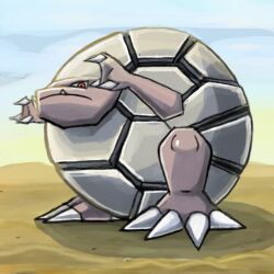claws closed_mouth creatures_(company) fang full_body game_freak gen_1_pokemon golem_(pokemon) looking_at_viewer nintendo pokemon pokemon_(creature) red_eyes shadow solo standing
