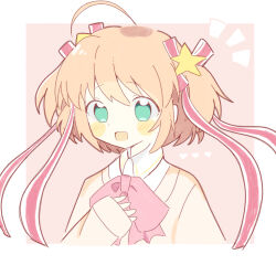 Rule 34 | 1girl, :d, absurdres, ahoge, aqua eyes, asakura hiy, blonde hair, blush stickers, border, bow, commentary, hair between eyes, hair ornament, hair ribbon, hand up, happy, heart, highres, kamikita komari, little busters!, little busters! school uniform, long ribbon, looking at viewer, open mouth, pink background, pink bow, red ribbon, ribbon, school uniform, short hair, simple background, sleeves past wrists, smile, solo, star (symbol), star hair ornament, sweater, two side up, upper body, white border, yellow sweater
