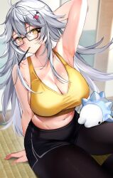1girl ahoge arm_behind_head arm_up armpits bare_arms bare_shoulders black-framed_eyewear black_shorts breasts brown_pantyhose cleavage crop_top dolphin_shorts food food_in_mouth gen_8_pokemon glasses hair_ornament hairclip highres large_breasts long_hair looking_at_viewer midriff mouth_hold navel nintendo pantyhose pocky pocky_in_mouth pokemon shirt short_shorts shorts sitting sleeveless sleeveless_shirt slit_pupils snom solo stomach tank_top thighs very_long_hair virtual_youtuber vshojo white_hair yellow_eyes yellow_shirt yuniiho zentreya zentreya_(cyborg) zentreya_(mmo_zen)