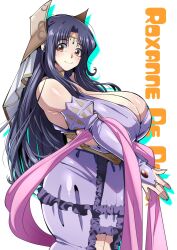 1girl black_hair blush breasts bridal_gauntlets character_name circlet cleavage commentary corset cowboy_shot curvy detached_sleeves dress female_focus frilled_dress frills from_side gloves hair_ornament highres huge_breasts jewelry kyonyuu_fantasy long_hair looking_at_viewer own_hands_together parted_bangs purple_dress purple_gloves purple_hair rebasuto red_eyes roxanne_de_desir shawl sideboob sidelocks smile solo underbust veil very_long_hair wide-eyed wide_hips
