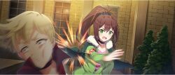 Rule 34 | 1boy, 1girl, belt, black belt, black choker, blonde hair, brick wall, brown hair, cape, choker, collarbone, dust (konosuba), fur-trimmed cape, fur trim, game cg, green cape, green eyes, green jacket, hair belt, hair between eyes, high ponytail, highres, indoors, jacket, kono subarashii sekai ni shukufuku wo!, konosuba! fantastic days, lean (konosuba), long hair, looking at another, mole, mole under eye, official art, open mouth, partially unzipped, pink shirt, plant, ponytail, potted plant, red eyes, red jacket, shirt, short hair, sidelocks, slapping, striped clothes, striped shirt, v-shaped eyebrows