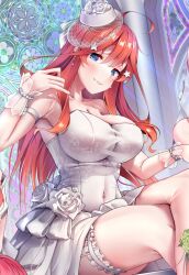 1girl 5hibu05 ahoge alternate_costume arm_strap armpits bare_shoulders blue_eyes blush bracelet breasts bride cleavage collarbone commentary covered_navel crossed_legs dress flower frilled_garter garter_straps go-toubun_no_hanayome hair_flower hair_ornament hands_up hat highres impossible_clothes impossible_dress indoors jewelry large_breasts long_hair looking_at_viewer nakano_itsuki parted_lips pearl_bracelet red_hair sitting solo solo_focus star_(symbol) star_hair_ornament strapless strapless_dress thighs wedding_dress white_dress white_garter_straps white_hat