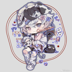 Rule 34 | 1boy, :3, animal, animal ears, baby animal, backpack, bag, bandaid, bandaid on knee, bandaid on leg, black bag, black hair, black shorts, black tail, blue necktie, bone hair ornament, bow, chibi, chinese commentary, closed mouth, collared shirt, commentary request, commission, cross-laced clothes, cross-laced sleeves, crossed bangs, dalmatian, demon boy, demon tail, dog, dog ears, dog hair ornament, dot nose, eyelashes, floppy ears, flower, footwear bow, grey background, grey hair, grey jacket, hahn (weibo 5128615299), hair between eyes, hair flower, hair ornament, hairclip, hat, hat ornament, heterochromia, hood, hood down, hooded jacket, jacket, leg warmers, light blush, loafers, long sleeves, messy hair, multicolored hair, necktie, open clothes, open jacket, original, over-kneehighs, paw print, petting, pill, pink eyes, pink flower, pink hair, pink socks, pink vest, puffy long sleeves, puffy sleeves, puppy, purple eyes, purple flower, sample watermark, shirt, shoes, short hair, shorts, single over-kneehigh, single thighhigh, sitting, sleeves past wrists, smile, socks, solo, star (symbol), streaked hair, sweater vest, tail, thighhighs, vest, watermark, weibo watermark, white bow, white hat, white leg warmers, white shirt, white shoes, x (symbol), x hat ornament
