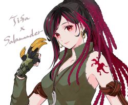 1girl arm_belt arm_tattoo black_hair breasts character_name claw_(weapon) cleavage cosplay dreadlocks earrings final_fantasy final_fantasy_ix final_fantasy_vii final_fantasy_vii_ever_crisis fingerless_gloves gloves highres hoop_earrings jewelry large_breasts medium_breasts multicolored_hair necklace official_alternate_costume official_alternate_hairstyle ponytail quichi_91 red_hair salamander_coral salamander_coral_(cosplay) simple_background sleeveless solo tattoo tifa_lockhart tifa_lockhart_(amarant&#039;s_guise) two-tone_hair upper_body weapon