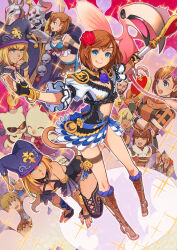 5boys 5girls :d beard bird black_gloves blonde_hair blue_eyes blue_flower blue_hat blue_nails bracelet breasts brown_eyes brown_hair circlet cleavage closed_mouth colibri_(final_fantasy) commentary dancer_(final_fantasy) elf elvaan facial_hair facial_mark final_fantasy final_fantasy_xi fingerless_gloves fingernails flower flower_on_chest galka gloves gold_bra gold_ring hair_flower hair_ornament hat heart_wand highres holding holding_wand hume jester_cap jewelry long_hair medium_breasts minagawa_fumio mithra_(ff11) moogle multiple_boys multiple_girls mumor nail_polish official_art open_mouth pointy_ears red_flower red_hair ring second-party_source short_hair skull smile sparkle tarutaru tears teeth tongue tongue_out uka_totlihn upper_teeth_only wand whisker_markings