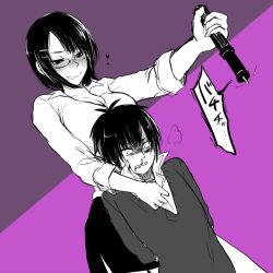 1boy 1girl arms_behind_back assertive_female black_vest blood blush bound bound_wrists breasts commentary_request femdom glasses hair_ornament hairclip heart holding medium_breasts misono_(msn_png) monochrome original partially_colored purple_background reverse_ryona sadism scared shirt short_hair skirt smug tongue tongue_out translation_request two-tone_background vest white_shirt